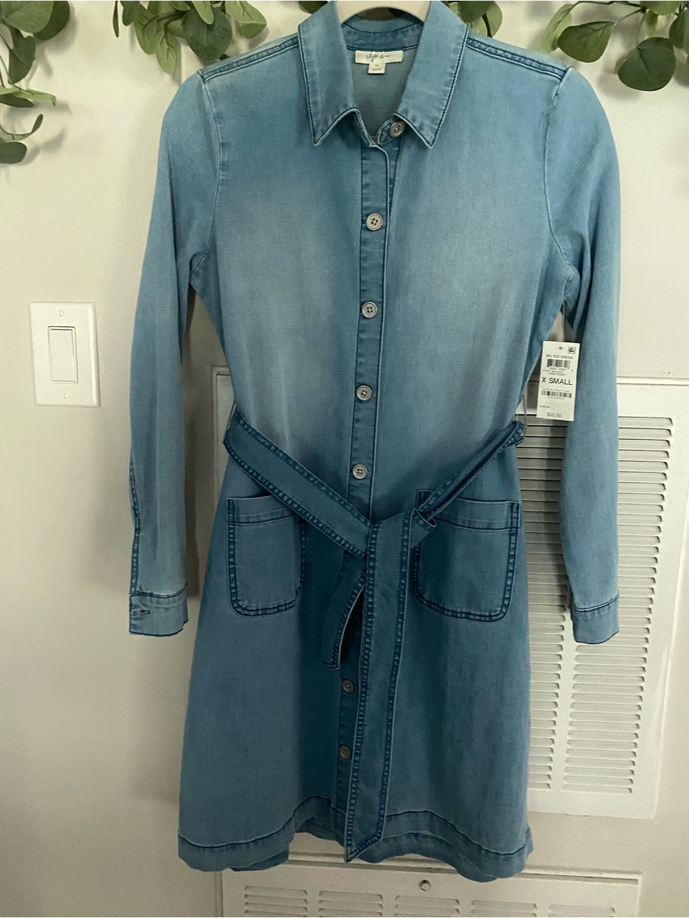 Style & Co. Light Blue Chambray Button-Front Shirt Dress with Belt